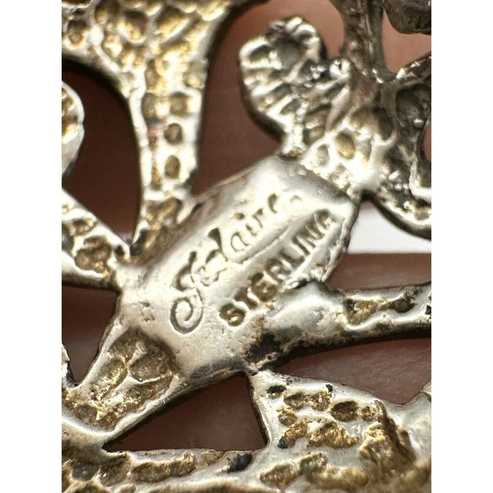 VINTAGE JEZLAINE STERLING SILVER FILIGREE BOWTIE & HEART DANGLE PIN BROOCH